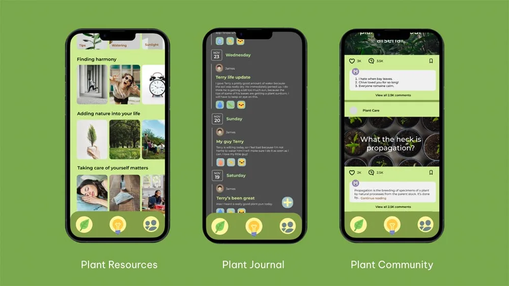 Best Fronds three app pages: plant resources, plant journal and plant community